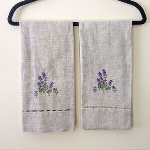 Hemstitched Embroidered Linen Tea Towels Lavender Cream Purple 28 x 17
